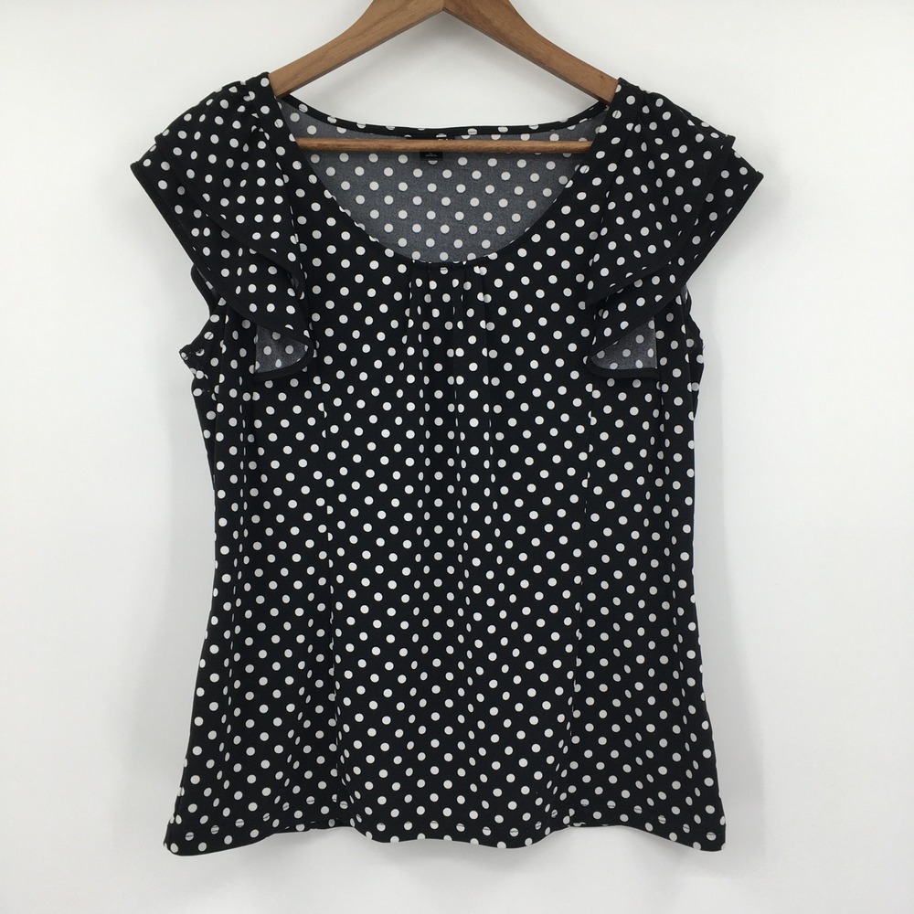 East‎ 5th Polka Dot Ruffle Blouse Womens L Black Retro Office 50s Classic Pinup